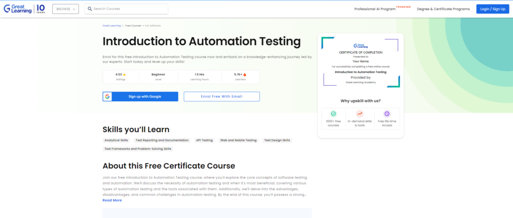 Introduction to Automation Testing course landing page